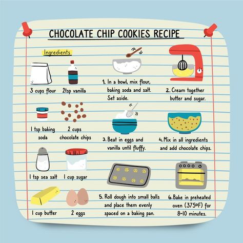 Hand drawn recipe concept | Free Vector #Freepik #freevector #food Cooking Recipes Aesthetic, Cartoon Food Recipes, Baking Recipes Aesthetic, Drawn Recipes, Recipe Chocolate Chip Cookies, Cartoon Recipe, Recipes Aesthetic, Homemade Recipe Books, Disney Inspired Food