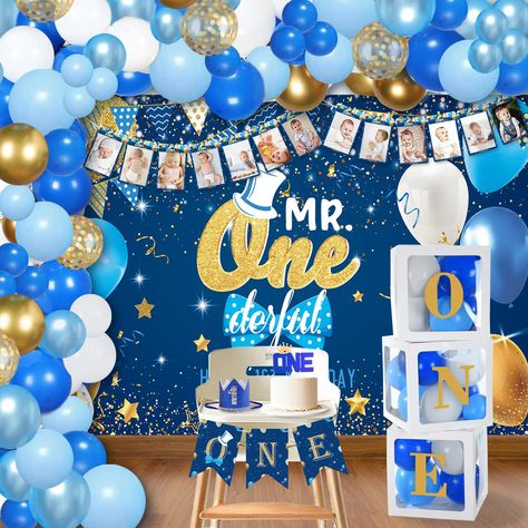 PRICES MAY VARY. First Birthday Boy Decoration Supplies：Our 1st birthday boy decorations set includes1st Birthday Backdrop,Newborn-12Months Photo Banner, 3pcs 1st Birthday Balloon Boxes,1st Birthday Crown, High Chair Banner, One Cake Topper,88pcs Latex Balloons,1 glue dots, 1 ribbon,and 1 balloon chain . High Quality :Our mr onederful birthday decorations are made from premium quality materials. the first birthday backdrop is made of waterproof polyester that can be applied for a long term,ballo Theme For 1st Birthday Boy, 1st Birthday Boy Decorations Ideas, Baby First Birthday Decorations, Mr Onederful Birthday Cake, 1st Bday Themes For Boys, Baby Boy 1st Birthday Ideas, Baby Boy First Birthday Ideas, First Birthday Boy Themes, First Birthday Party Boy