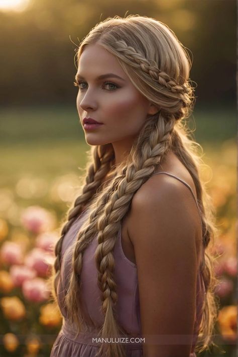 Long Blonde Braided Hair, Norse Hairstyles Women Short, Scottish Braided Hair, Braid Fantasy Hair, Fantasy Braided Hair, Hairstyles For Long Hair With Braids, Roman Goddess Hairstyles, Swedish Braids Hairstyles, Braid Down Hairstyles