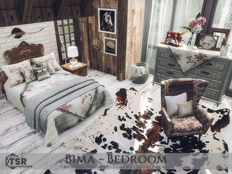 The Sims Resource - Sims 4 - Residential - Rirann - Bima - Bedroom - Country ranch bedroom for the Sims 4 - TSR CC - Available at TSR Sims 4 Rustic Bedroom, Ts4 Farmhouse Cc, Sims 4 Country Bedroom Cc, Sims 4 Tsr Furniture, Sims 4 Rancher Cc, Sims 4 Cc Ranch Decor, Sims 4 Cc Western Decor, Farmhouse Cc Sims 4, Sims 4 Cc Western Furniture