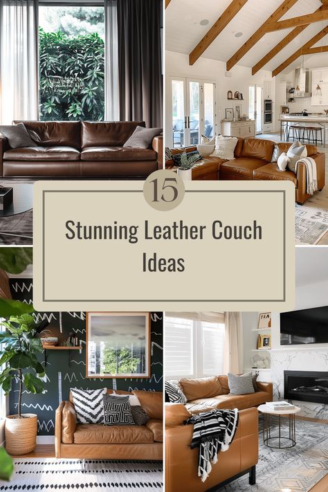 Are you in love with chic leather couches? Check out these 15 stunning leather couch living room ideas that perfectly blend style and comfort! From rustic farmhouse vibes to modern graphic wall pairings, these decor tips will transform your space. Whether you're opting for neutral colors or bold designs, you’ll find inspiration for picking the right furniture and accessories to complement your leather couch Living Room With Two Leather Couches, Comfy Leather Couch Living Room, Lounge Room Ideas Brown Leather Couch, Ottoman With Leather Couch, Cognac Leather Couch Living Rooms Sofas, Modern Brown Leather Couch Living Room, Decorating With A Chesterfield Sofa, Plush Living Room Ideas, Two Leather Couches Living Room