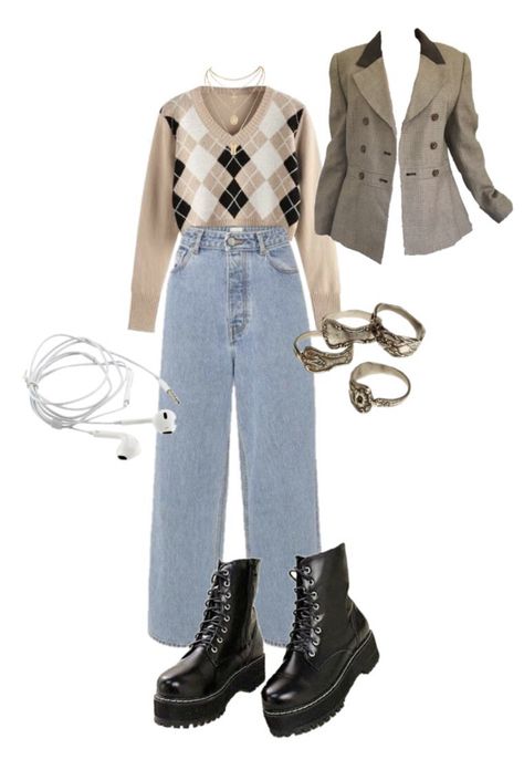 Argyle Outfit Ideas, Light Academia Outfit With Jeans, Light Academia Outfit Jeans, Brown Argyle Sweater Outfit, Argyle Sweater Outfit Aesthetic, Argyle Outfit, Beige Top Outfit, Argyle Sweater Outfit, Sweater Vest Outfit Aesthetic