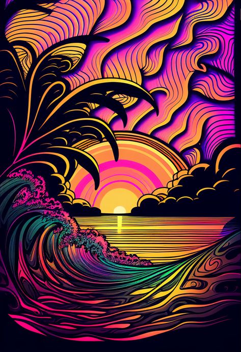 Trippy Summer Wallpaper, Trippy Ocean Art, Trippy Beach Art, Synthwave Art, Trippy Neon Art Prints, Bus Art, Trippy Underwater Art, Modern Graphic Art, Celestial Art