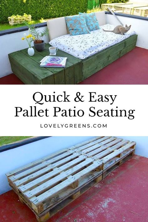 Create a patio day bed by stacking four wood pallets together and disguising them with wood facing. A simple and inexpensive outdoor seating project #pallet #diygarden #outdoorseating Pallet Patio Furniture Diy, Patio Bed, Outdoor Pallet, Pallet Seating, Diy Backyard Patio, Pallet Garden Furniture, Pallet Patio Furniture, Patio Couch, Pallet Patio