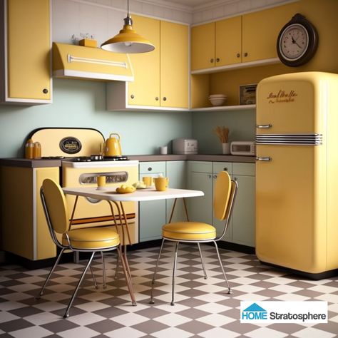 Retro Kitchen Yellow, Vintage 50s Kitchen, 50s Kitchen Vintage, 1960 Kitchen, 1950s House Interior, Pearl Kitchen, 50s Home Decor, Modern Retro Kitchen, Yellow Kitchen Cabinets