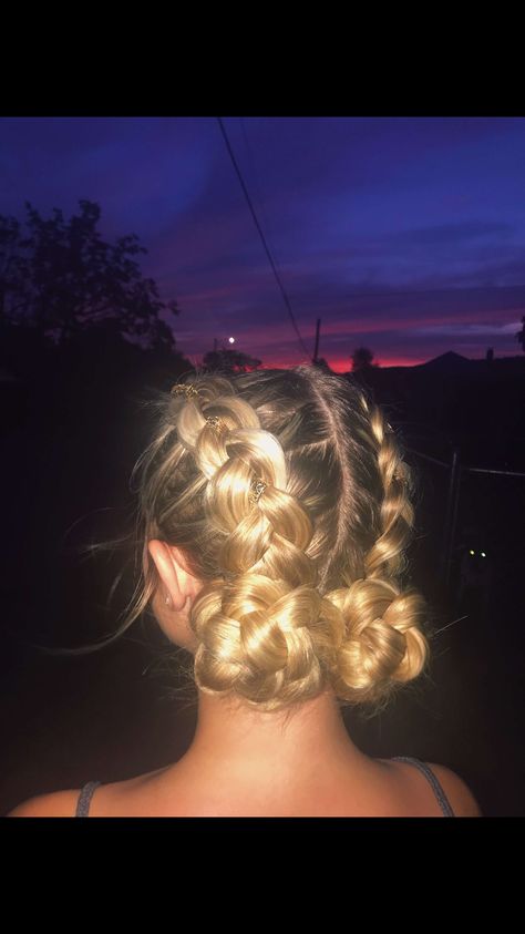 Dutch braid with hair rings into buns