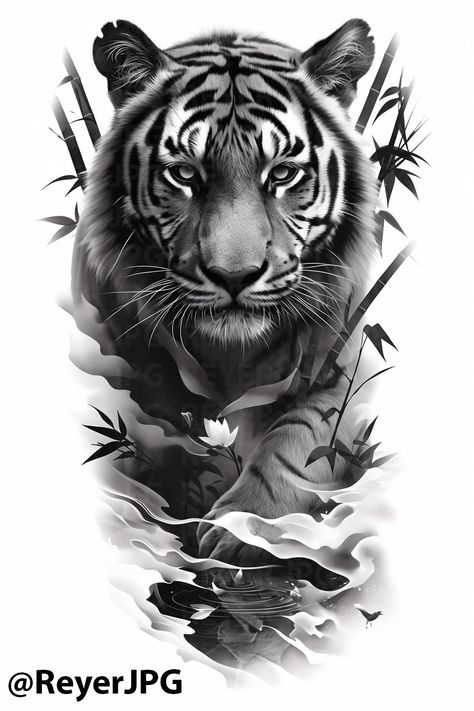 Discover the power of nature with this stunning tiger tattoo design. This intricate black and white artwork combines the majestic grace of a tiger with elements of nature, making it the perfect choice for those seeking a bold statement piece. Whether you're a tattoo enthusiast or looking for inspiration for your next ink, this design is sure to captivate. Explore more tattoo ideas and unleash your wild side! #TattooDesign #TigerTattoo #InkArt #BodyArt #TattooIdeas Chinese Tiger Tattoo Men, Tiger And Eagle Tattoo, Women Tiger Tattoo, Realism Tiger Tattoo, Tiger With Flowers Tattoo, Tigres Tattoo, See No Evil Tattoo, Breaking Bad Tattoo, Tiger Stencil