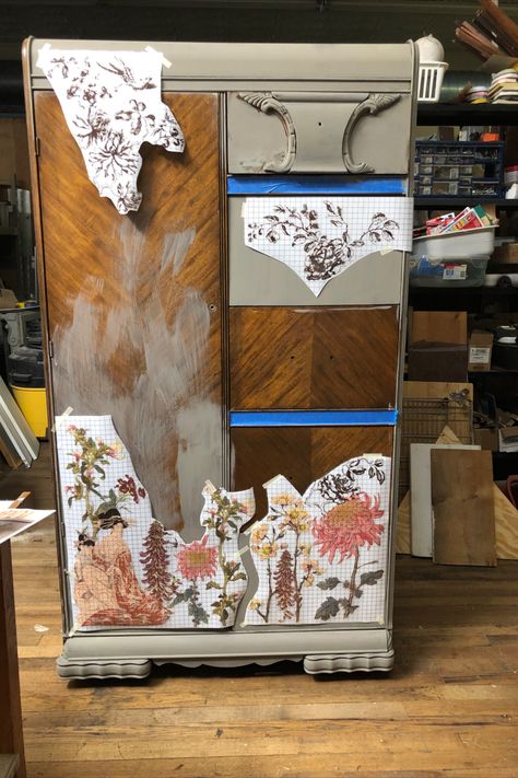 Testing Debi's DIY paint and IOD transfer on this waterfall wardrobe Waterfall Wardrobe, Deco Wardrobe, Art Deco Wardrobe, Dresser Makeovers, Dressers Makeover, Dresser Makeover, Diy Paint, Diy Painting, Dresser