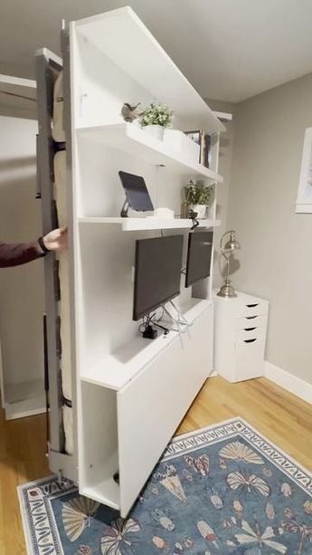 Wall Bed Desk Combo, Wall Bed Desk, Murphy Bed Desk Ideas, Murphy Bed Desk Combo Diy, Murphy Office Desk, Hide Standing Desk, Space Saving Office Ideas, Desk Murphy Bed Combo, Murphy Desk Diy