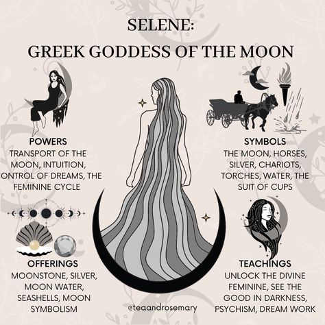 Tea & Rosemary☕️🌱 on Instagram: “Selene is a Greek goddess that represents the moon and with it, the very spirit of the divine feminine. She is the sister of Helios, the…” Goddess Mythology Divine Feminine, Greek God Selene, Selena Moon Goddess, Witchy Women Aesthetic, Selene The Moon Goddess, Greek Goddess Of The Moon, Selen Moon Goddess, Selene Altar Ideas, Moon Woman Aesthetic