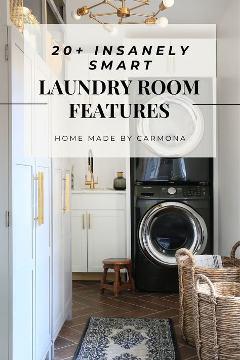 We may hate doing laundry, but these smart laundry room design solutions might just win us over! From smart laundry room layouts, to must-have design features, and the perfect organizing hacks | Home Made by Carmona Move Laundry Room Upstairs, Laundry Room Retractable Clothes Line, Laundry Room Slanted Ceiling, Moving Laundry Room Upstairs, Laundry Room Design Layout, Smart Laundry Room, Scandinavian Laundry Room, Laundry Hallway, Laundry Room Layout