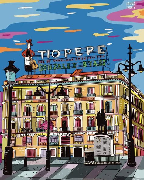 Tío Pepe – Madrid – Los Artistas del Barrio 90s Nyc, Illustration Building, Madrid Art, Desert Trip, City Maps Design, Europe City, Colorful Art Prints, Desert Travel, Moonrise Kingdom