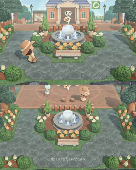 Animal Crossing Villager House Yard, Animal Crossing Nature Ideas, Sasha Animal Crossing House, Animal Crossing Entrance Ideas Forest, Animal Crossing Woodland Theme, Animal Crossing Square Ideas, Island Theme Ideas Animal Crossing, Park Ideas Acnh, Animal Crossing Rooftop Colors