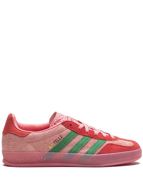 Adidas Gazelle Indoor "Semi Pink Spark/Preloved Scarlet" Sneakers - Farfetch Pink And Green Gazelles Outfit, Pink And Green Adidas, Colorful Sneakers Women, Adidas Gazelle Bold Pink, Adidas Gazelle Bold Pink Glow, Funky Sneakers, Pink And Yellow Gazelle, Pink And Green Gazelles, Sneakers 2024