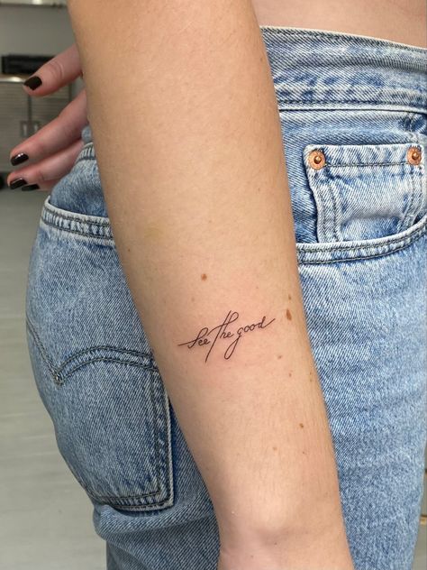 Dainty Tattoo Sayings, Dainty Words Tattoo, Lots Of Love Tattoo, Dainty Feminine Tattoos Sleeve, Demure Tattoo, Love Them Anyway Tattoo, Dainty Tattoo Placement Ideas, Dainty Writing Tattoo, Word Placement Tattoos