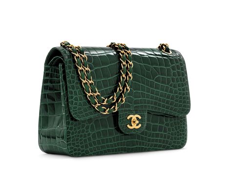 A SHINY EMERALD GREEN ALLIGATOR JUMBO DOUBLE FLAP WITH GOLD HARDWARE | CHANEL, 2011 | 21st Century, bags | Christie's Green Chanel Bag, Green Chanel, Silhouette Mode, Luxury Bags Collection, Mode Chanel, Green Handbag, Green Purse, Luxury Purses, Fancy Bags