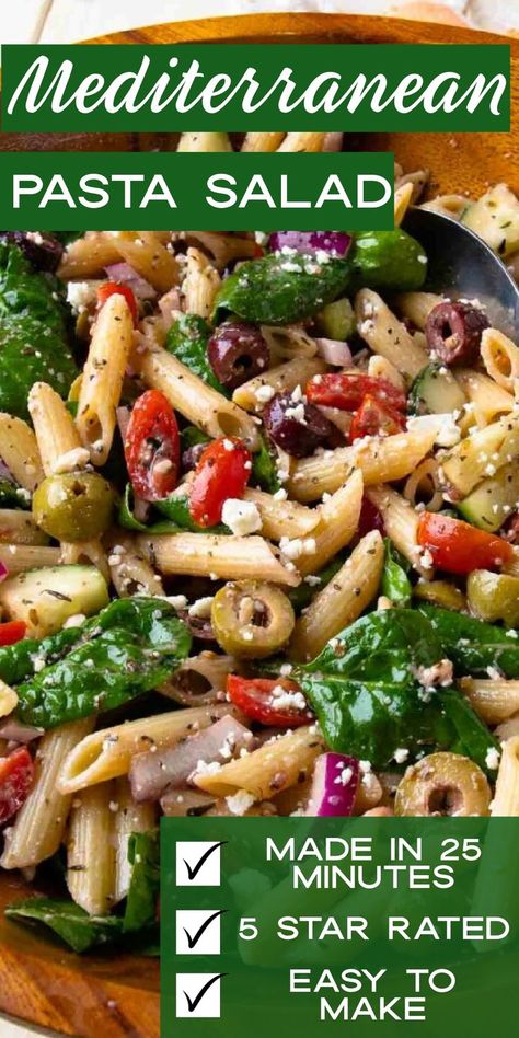 Pasta Salad Mediterranean, Mediterranean Pasta Salad, Pasta Salad With Spinach, Tomatoes And Cucumbers, Feta Pasta Salad, Mediterranean Diet Recipes Dinners, Mediterranean Pasta Salads, Creamy Feta, Feta Cheese Salad