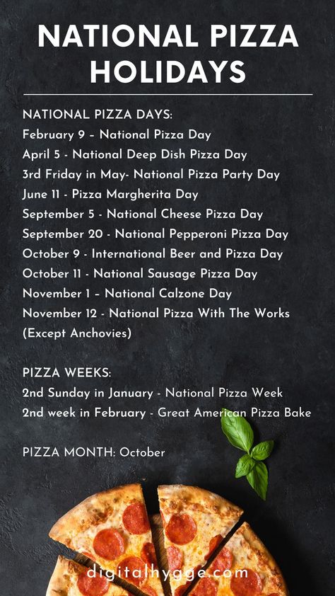 People love #pizza 🍕 It’s an undisputed fact. Therefore, it is no surprise that ever year, we celebrate: National Pizza Day & World Pizza Day National Deep Dish Pizza Day National Pizza Party Day Pizza Margherita Day National Cheese Pizza Day National Pepperoni Pizza Day International Beer and Pizza Day National Sausage Pizza Day National Calzone Day National Pizza With The Works (Except Anchovies) National Pizza Week & Month Learn more about all these holidays on the website. International Beer And Pizza Day, National Pizza Day February 9, National Sausage Pizza Day, Unique Pizza Toppings, National Cheese Pizza Day, National Pizza Month, American Pizza, Pizza Sign, National Pizza Day