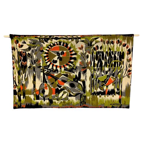 1970s Tapestry by Jean Claude Bissery French Mid Century Modern, Wool Tapestry, Woodland Scene, Black And Orange, Printed Tapestries, French Artists, Rugs And Carpet, Weaving Techniques, Vintage Wool