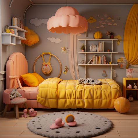 Miniature Little Girl's Room - Yellow and Pink Yellow Girl Bedroom, Yellow Toddler Room Girl, Sunshine Bedroom, Yellow Girls Room, Yellow Girls Bedroom, Girls Bedroom Green, Girls Bedroom Grey, Yellow Bedspread, Room Yellow