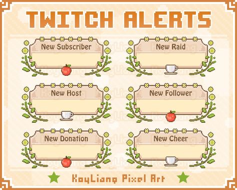 SAVE more if you purchase the complete Cottagecore stream assets bundle here: https://www.etsy.com/listing/1190691062 🌼 🌻 🌷 🌹 🌼 🌻 🌷 🌹 🌼 🌻 🌷 🌹 🌼 🌻 🌷 🌹 Twitch alerts or pop up boxes for your streaming screen. Aesthetic notification bar in 8bit pixel style. Put up these alerts to your stream channel to add a cute touch! All Twitch alerts are premade and ready to use. 🎁 What is in the package: ❖ 2 set of Cottagecore Twitch Alerts ❖ Each set contains 6 static alerts: - New Follower - Twitch Alert Ideas, Cottagecore Stream Overlay, Cottagecore Twitch Overlay, Twitch Alerts Free, Twitch Notifications, Twitch Banner Aesthetic, Streaming Aesthetic, Pop Up Boxes, Twitch Assets