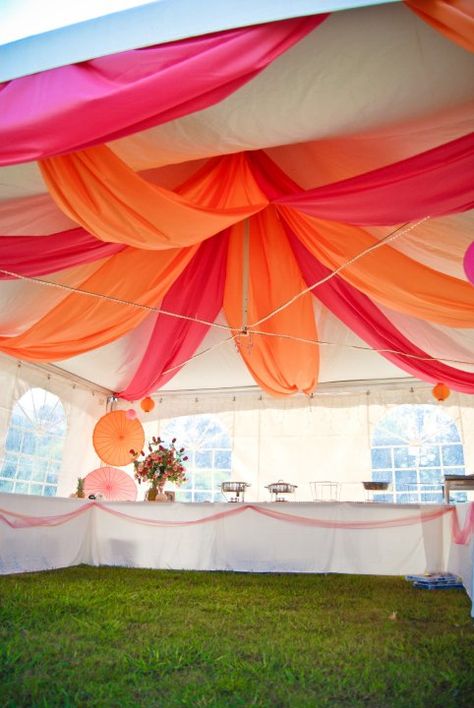 Tent Decoration looking like a blossoming flower!! Flower Tent Decoration, Outdoor Tent Birthday Party Decoration, Outside Tent Decorations, Popup Tent Decoration, How To Decorate Inside A Party Tent, Decorating Party Tent, Decorating Tents For Parties, 10x10 Tent Decorating Ideas, Tent Event Decor