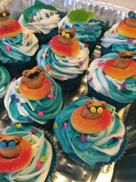 Swim Party Theme Ideas, Swim Birthday Party, Swimming Pool Party Themes, Birthday Swimming Party Ideas, Summer Birthday Cupcakes, Swimming Birthday Party, Water Cupcakes Ideas, Water Cupcakes, Swimming Themed Birthday Party