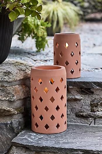 Outdoor Lighting | String Lights, Lanterns + Pathway Lighting | Terrain Easy Fall Porch Decor, Diy Fall Porch Decor, Lantern Pathway, Fall Porch Decor Ideas, Fall Front Porch Decor Ideas, Fall Porch Decor, Ceramic Lantern, Lantern Ideas, Fall Front Porch Decor