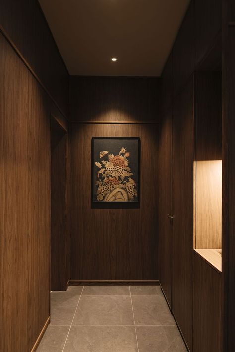 #art #interior #wood #hallway Narrow Corridor, Wood Hallway, Harvey House, Interior Brick, Hallway Walls, Singapore Interior, Veneer Door, Artwork Lighting, B Design