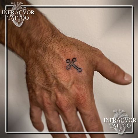 A client of mine wanted a cross on his hand. Here is the result. A classic. Hand Cross Tattoo, Finger Cross Tattoo, Cross Hand Tattoo, Cross Tattoo Men, Cross Tattoo On Hand, Catholic Tattoos, Man Hand, Cross Tattoo For Men, Orthodox Cross