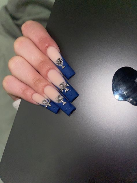 Nail Decorations Ideas, Best Acrylic Nails Blue, Dark Blue Y2k Nails, Blue Cross Nails, Blue Acrylics Nails, Y2k Blue Nails, Blue Nails Y2k, Y2k Nails Blue, Blue Y2k Nails