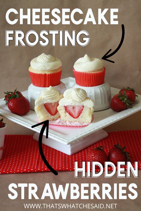 Cheesecake Buttercream Frosting, Strawberry Cheesecake Frosting, Cheesecake Buttercream, Cupcakes Filled, Cheesecake Icing, Cheesecake Frosting Recipe, Strawberry Cheesecake Cupcakes Recipe, Cupcakes With Strawberries On Top, Strawberry Shortcake Cupcakes