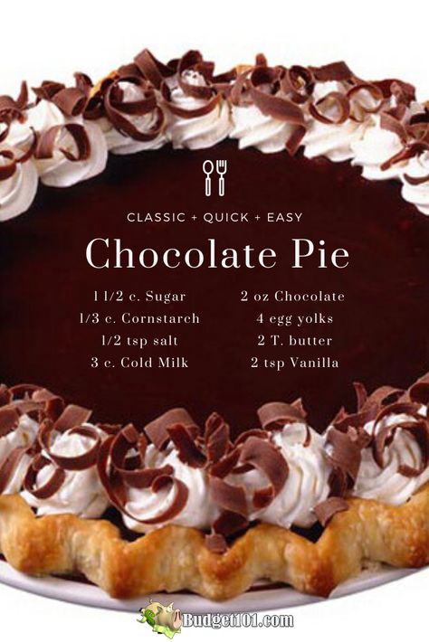 Frozen Pie Crust Recipes, Easy Chocolate Pie, Chocolate Pie Recipe, Pie Pie, Chocolate Pie Recipes, Chocolate Cream Pie, Chocolate Pie, Recipe Dinner, Perfect Pies