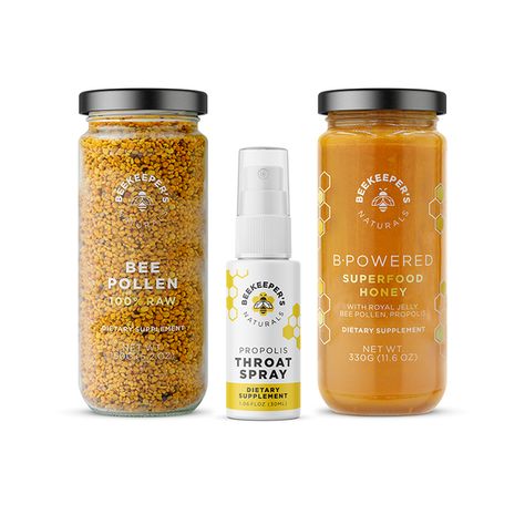 Each of the products in the Active Essentials Set from Beekeeper's Naturals are made to promote a healthy lifestyle. The set includes one Propolis Spray, one jar of raw bee pollen, and one jar of B. Powered Superfood Honey, each with their own particular benefits. The set makes a great gift or care package! Honey Store, Bee Hive Plans, Throat Spray, Honey Brand, Honey Shop, Organic Snacks, Crushing It, Healthy Cake Recipes, Essentials Set