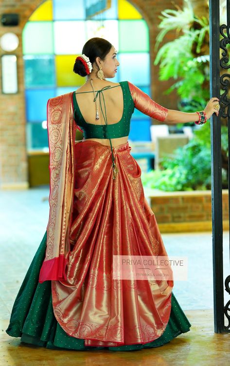 https://www.facebook.com/PrivaCollective/ Raw Silk Lehenga Blouse Designs, Dhavani Draping Styles, Silk Saree Lehenga Style Draping, Tamil Lehenga, Puja Raw Silk Lehenga With Traditional Drape, Langa Dhavani Blouse Designs, Saree For Bride, Saree Designs Latest, Paithani Blouse Design