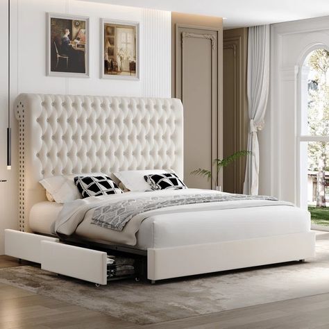 Willa Arlo Interiors Kanisha Upholstered Storage Bed with Button Tufted Flannel Headboard, 4 Drawers & Reviews - Wayfair Canada Adjustable Bed Frame Ideas, Bedroom Board, Upholstered Storage Bed, Adjustable Bed Base, Wingback Bed, Steel Bed, White Headboard, Wingback Headboard, Standard Bed