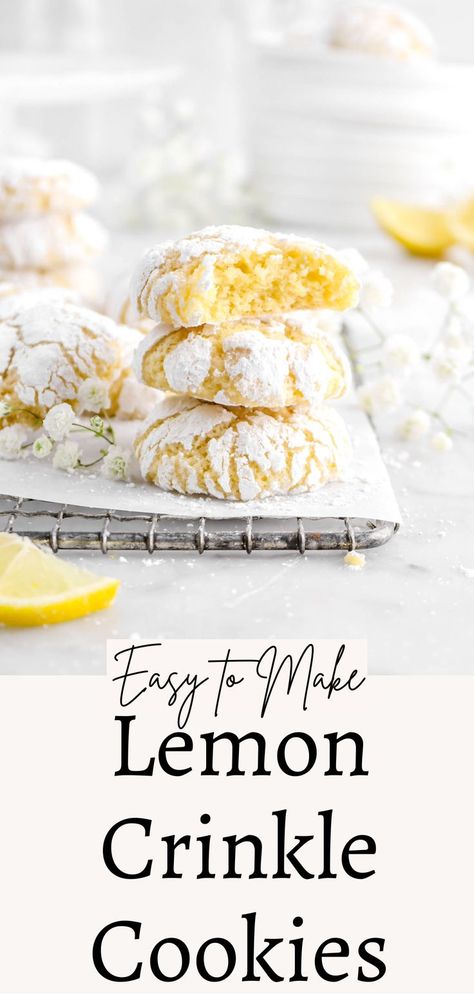 Cookies Easy Recipe, Dairy Snacks, Crinkle Cookies Recipe, Lemon Crinkle Cookies, Lemon Cookies Recipes, Lemon Bar, Lemon Dessert Recipes, Dessert Aux Fruits, Cookies Easy