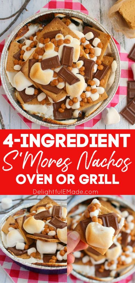 S'mores Nachos {Oven or Grill} | The ultimate S'mores Recipe! S’more Nachos, Smore Nachos Campfire, S’mores Nachos In Oven, Smore Nachos Oven, S’mores On The Grill, Smores Dessert Grill, Grilled Desserts Easy, Nachos On The Grill, Grill Smores