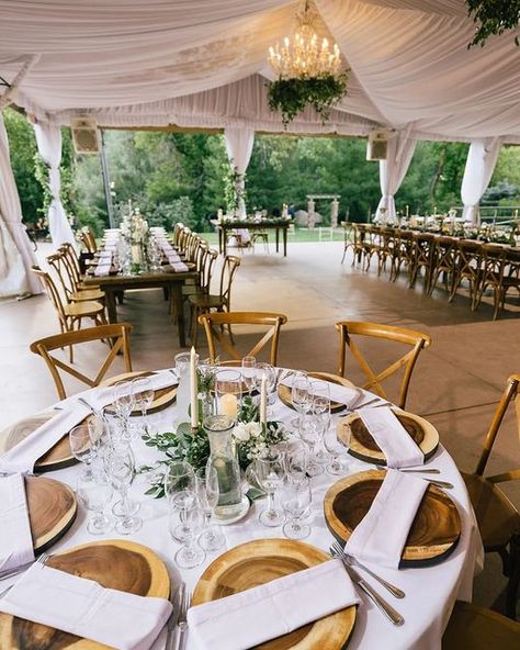 Wedgewood Weddings on the Creek ⛰✨ on Instagram: "Round tables or Napa tables? Why not both?! 😉 #bouldercreek #wedgewoodbouldercreek #wedgewoodweddings #roundtable #napatable #xbackchairs #woodenchargers #glassware #chandelier #weddingtent #weddingreception" Wooden Chargers, Wedgewood Wedding, Boulder Creek, Round Tables, Wedding Tent, Flower Ideas, Round Table, Unique Home Decor, Wedding Reception