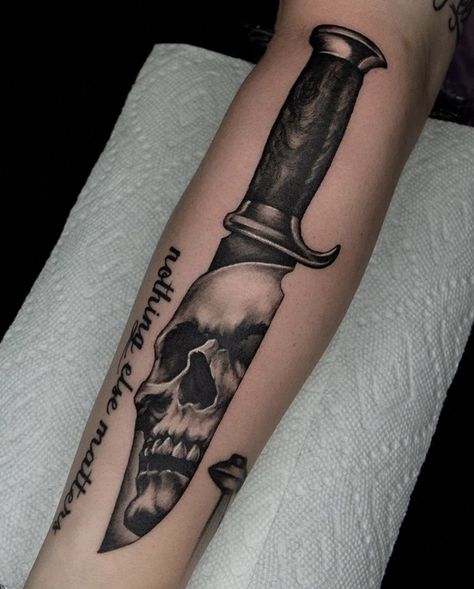 Blade Tattoo, Minimalist Tattoo Ideas, Tattoo Shading, Knife Tattoo, Skull Sleeve Tattoos, Elbow Tattoos, Neck Tattoo For Guys, Beautiful Tattoo, Stylist Tattoos