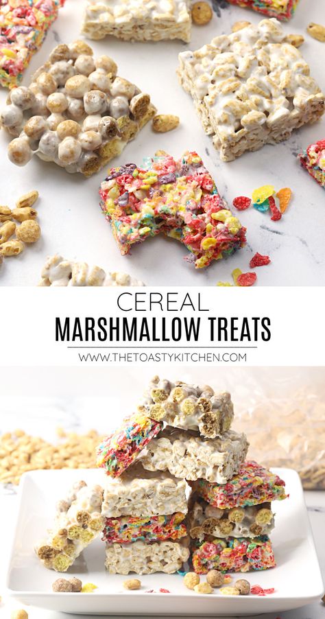 Cereal Crispy Treats Marshmallows, Rice Krispie Treats Different Cereal, Deserts With Cereal, Double Marshmallow Rice Krispy Treats, Marshmallow Cereal Bars Recipes, Cereal And Marshmallow Treats, Honey Smacks Cereal Treats, Marshmallow Fluff Cereal Bars, No Bake Marshmallow Treats