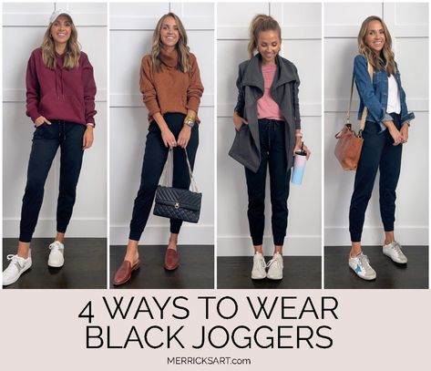 4 Fall Outfits with Black Joggers - Merrick's Art Black Jogger Travel Outfit, Black Jean Joggers Outfit, Black Jogger Jeans Outfit, Dress Joggers Outfits, Styling Black Joggers Women, Style Black Joggers Women, Dressy Black Joggers Outfit, Winter Outfits With Joggers, Outfits With Black Joggers Women