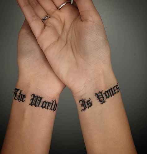 Small Old English Letter Tattoo, Old Script Tattoo, Gothic Tattoo Writing, Old English Script Tattoo, Hand Tattoo Font, The World Is Yours Hand Tattoo, The World Is Your Tattoo, Old English Tattoo Women, Traditional Script Tattoo