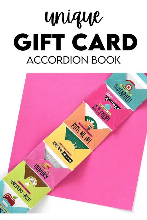 Fun gift idea! A DIY accordion envelop book full of different gift cards How To Give Gift Cards Ideas Creative Birthday, Teacher Gift Card Tree, Gift Card Holder For Men, Fun Way To Gift Gift Cards, Make Gift Card Holder, Gift Card Craft Ideas, Gift Card Book For Graduation, Gift Cards Gift Ideas, Teacher Birthday Gift Card Ideas