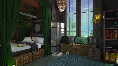 Slytherin Common Room Bedroom, Slytherin Dorm Room, Slytherin Dormitory, Hogwarts Dorm Room, Slytherin Bedroom, Hogwarts Dorm, Hogwarts Common Rooms, Hogwarts Bedroom, Slytherin Room