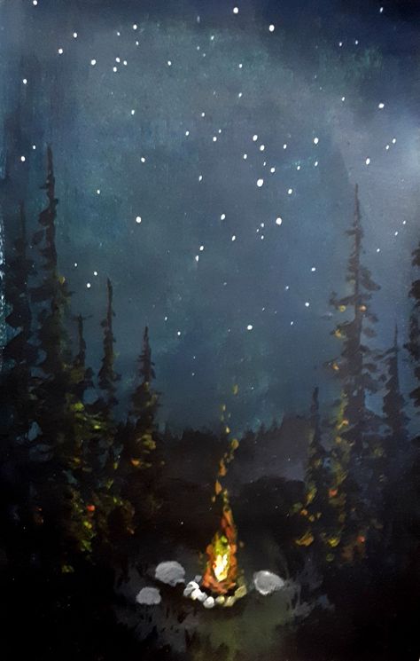 Forest Campfire Painting, Camping Painting Canvases, Camp Painting Ideas, Camp Fire Paintings, Cabin Painting Easy, Campfire Painting Acrylic, Forest Night Painting, Woodsy Paintings, Campsite Painting