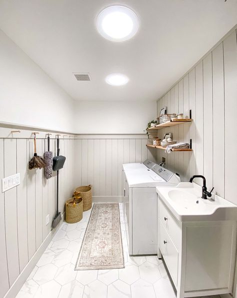 Sun Tunnels, Sun Tunnel, Laundry Room Paint, White Laundry Rooms, Velux Skylights, Grey Floor Tiles, Basement Laundry Room, Basement Laundry, Laundry Room Inspiration