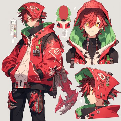 Character With Hoodie, Jacket Character Design, Turtle Neck Drawing, Male Character Sheet, Cyberpunk Outfit Male, Red Hoodie Outfit, Anime Alien, Mid Twenties, Cyberpunk Outfit