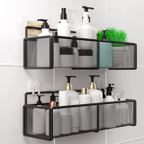 Corner Shelves Kitchen, Black Wall Shelves, Bathroom Corner Shelf, Bathroom Shelf Organization, Wall Mounted Bathroom Storage, Toilet Shelves, Matte Black Bathroom, Shower Storage, Bathroom Storage Racks