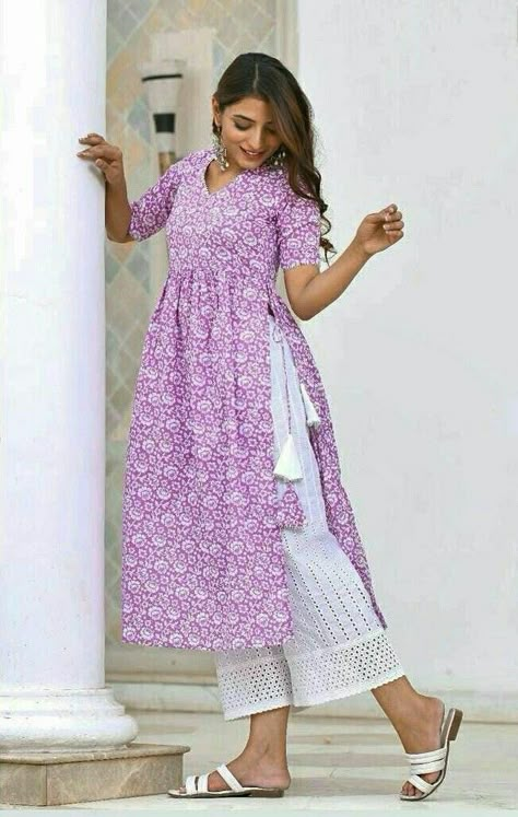 Women Kurta pant set Kurti Designs With Sleeves, Different Styles Of Kurtis, Cotton Kurti Pattern Design, Cotton Stylish Kurtis, Side Lace Kurti, Cut Tops Kurti Design, Nyra Dress Design, Ladies Kurties Design, Nyra Cut Kurti Designs Latest